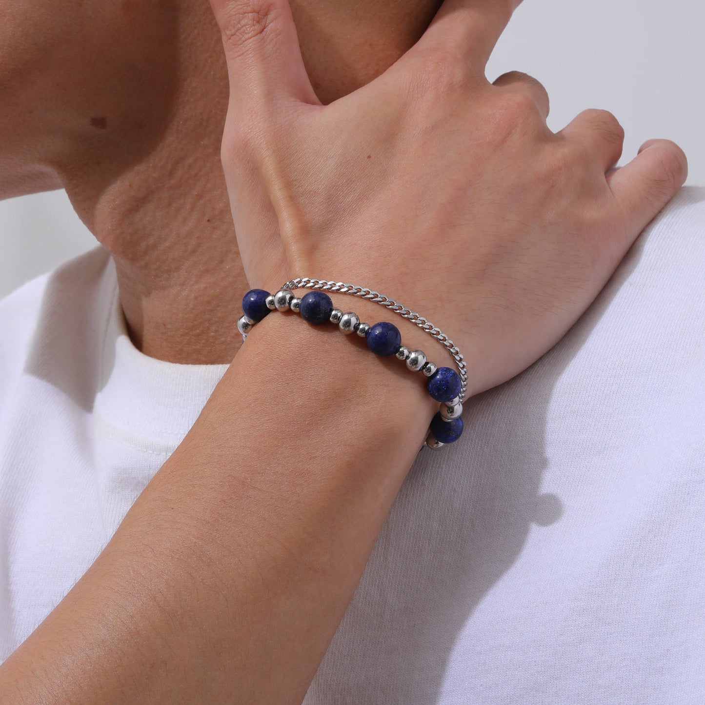 Stainless Steel Grinding Agate Lazuli Beaded Bracelet for Men
