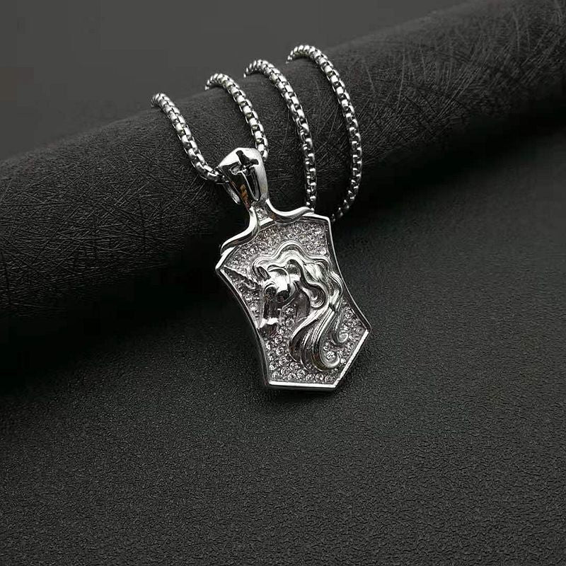 Planderful Everyday Genie Hip Hop Jewelry Pendant Titanium Steel Gold Plated Zircon Horse Head Unicorn Necklace For Men