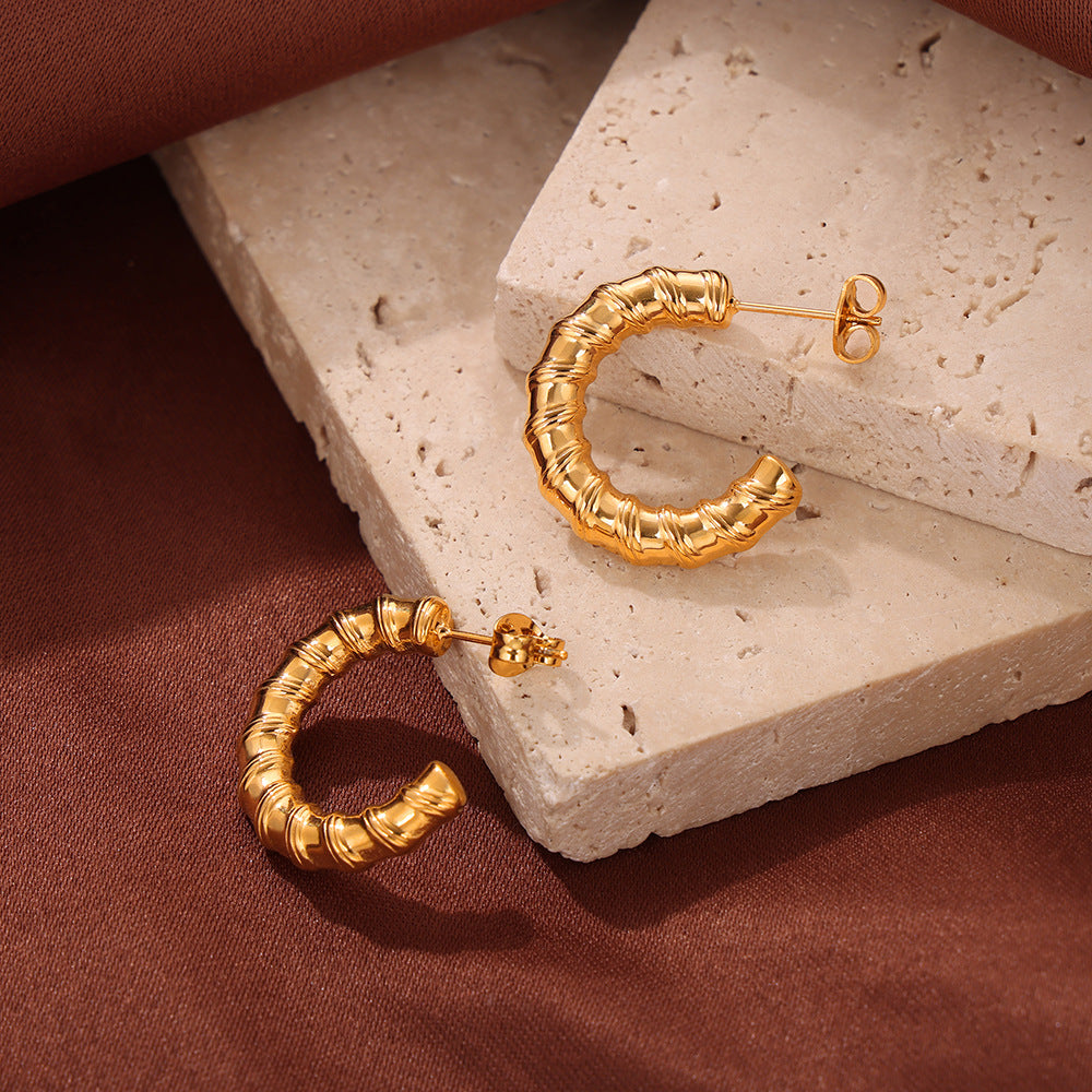 Elegant Titanium Steel Gold-Plated Spiral Texture Geometric Earrings