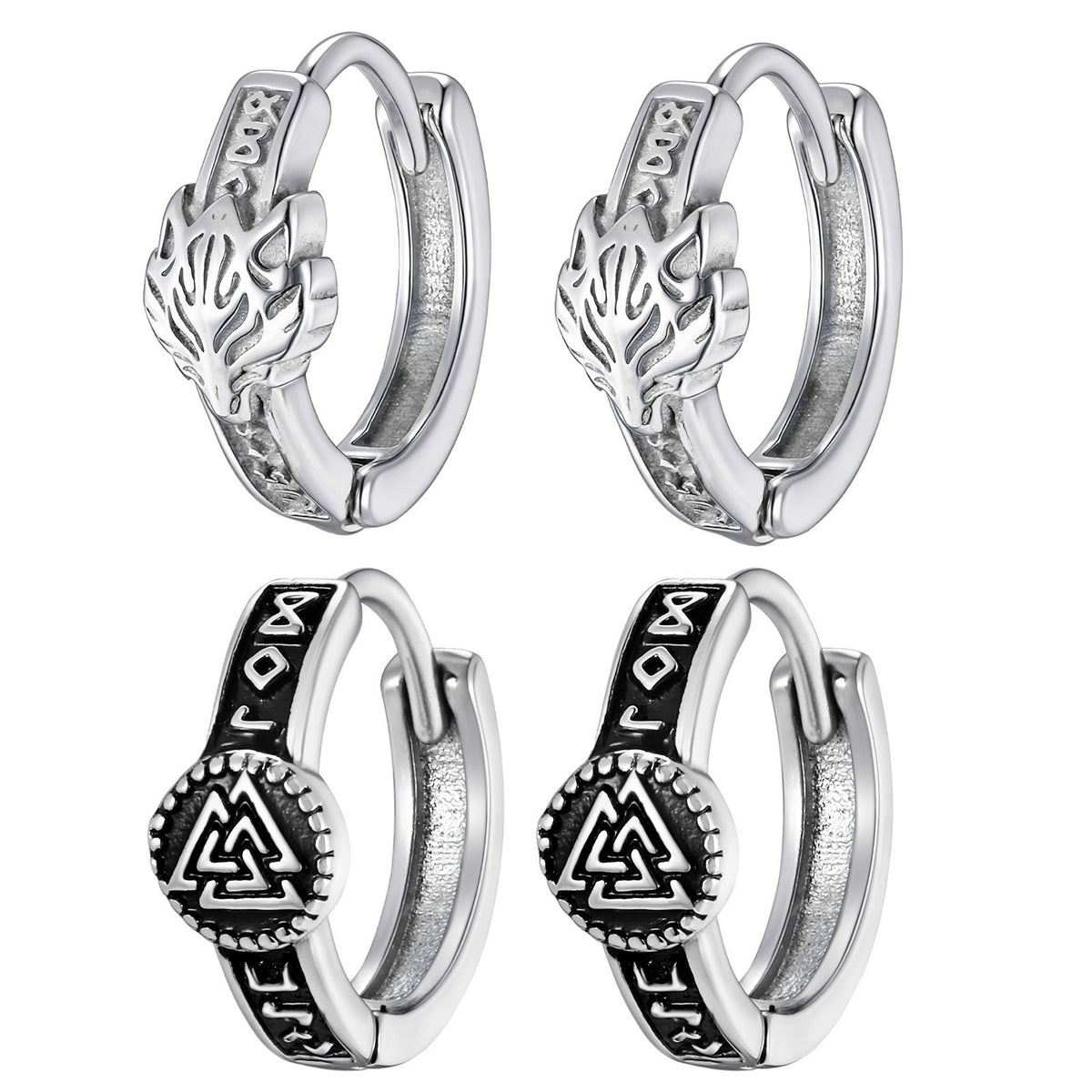 Norse Symbol Hinged Hoop Earrings — 2 Silver Styles