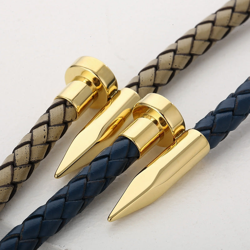 Cowhide Woven Stainless Steel Nail Bracelet – Men's Magnetic Buckle Leather Bracelet