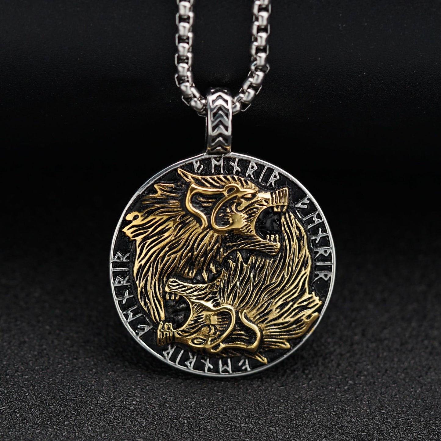 Steel Necklace - Statement Double Wolf Head Pendant