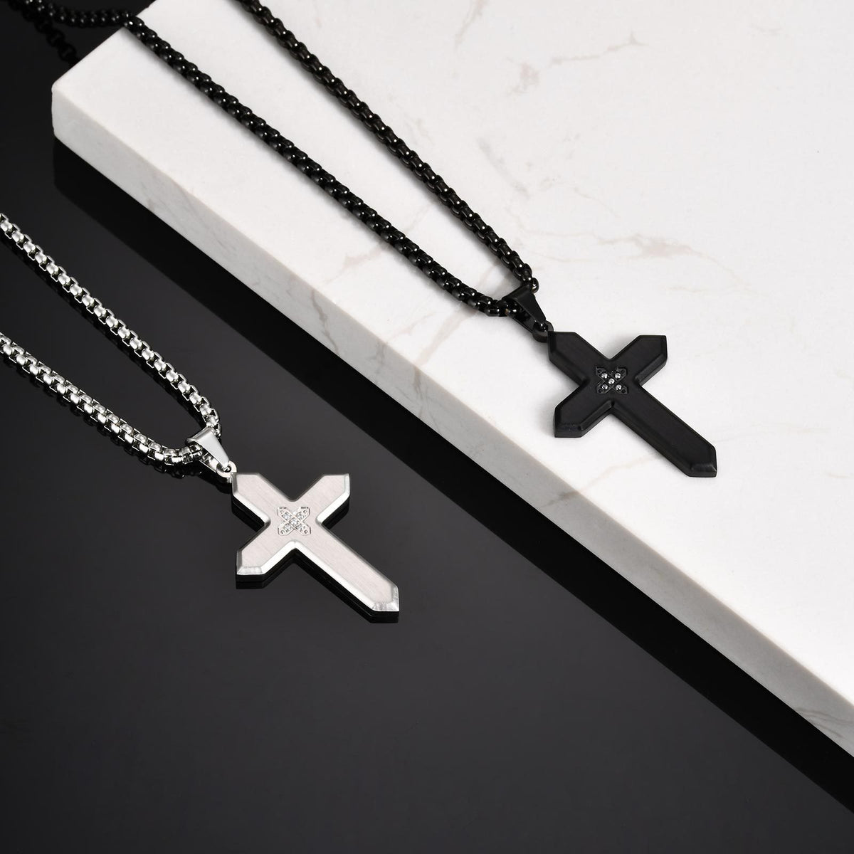 Unisex Classic Stainless Steel Inlaid Zircon Sand Surface Cross Pendant Square Pearl