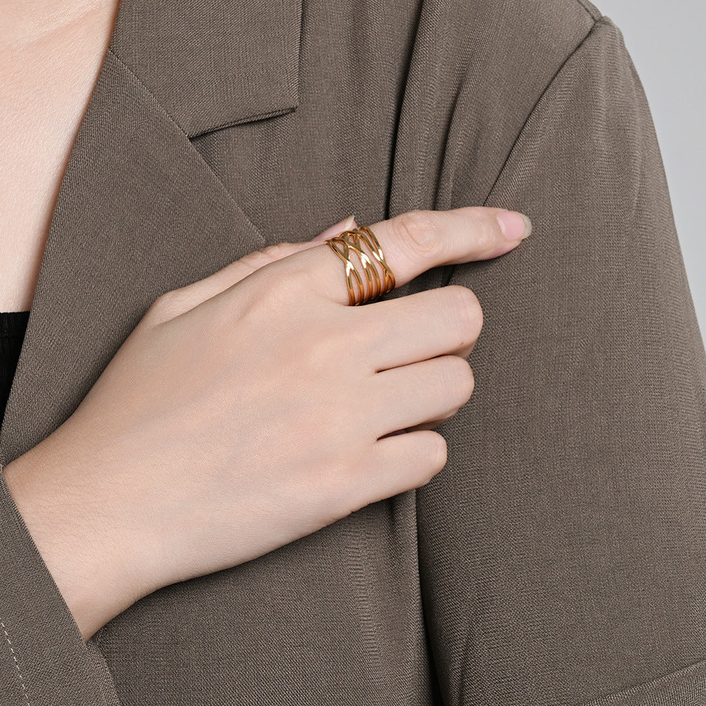 Planderful Geometric Stainless Steel Open Ring For Women Gold Plated Adjustable Fashion Jewelry
