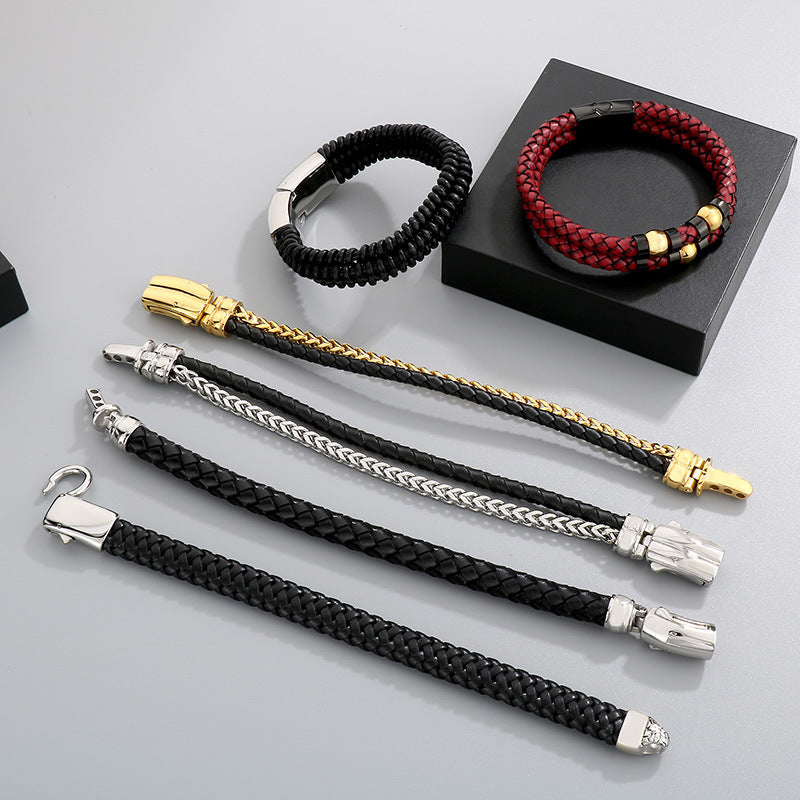Stylish & Double-Layer Spliced Leather Bracelet – Vacuum Electroplated Spring Buckle