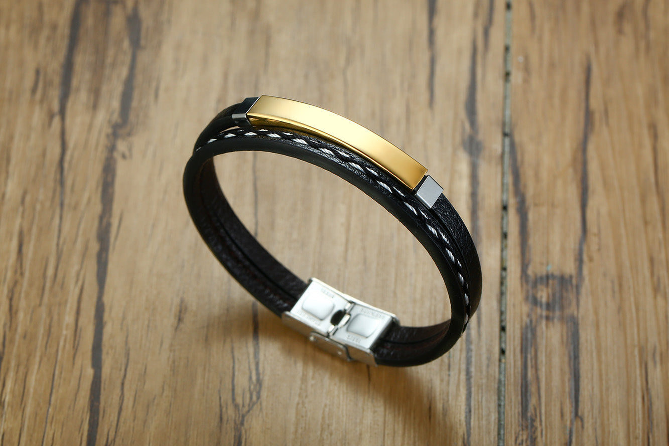 Stainless Steel Leather Bracelet Curved PU Leather Woven