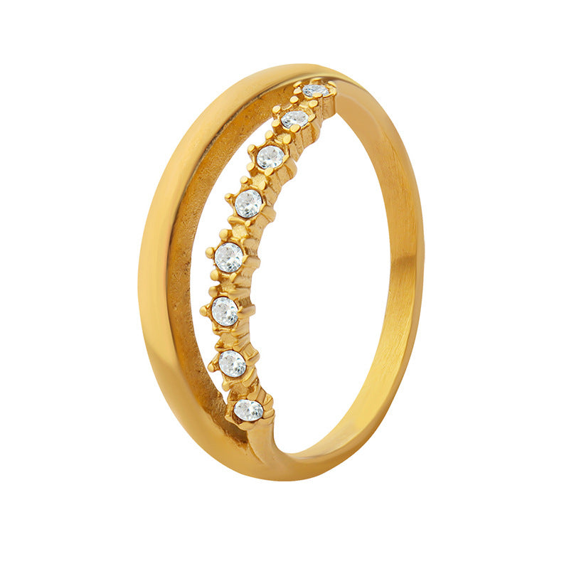 18K Gold Plated Ring with Zircon Inlay - Celebrity Style Titanium Steel Ring