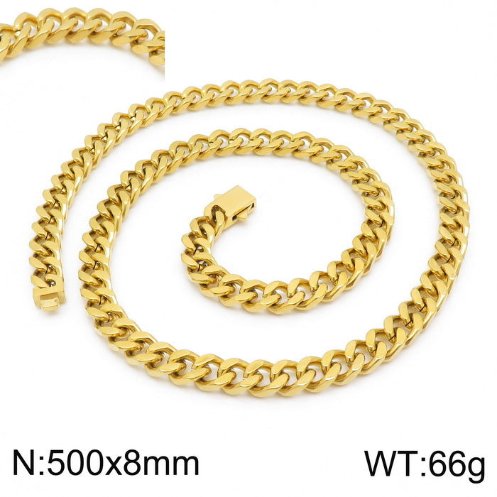 Stainless Steel Cuban Chain Bracelet, Rock Street Men's Vacuum Plated Four-Sided Grinding Square Necklace