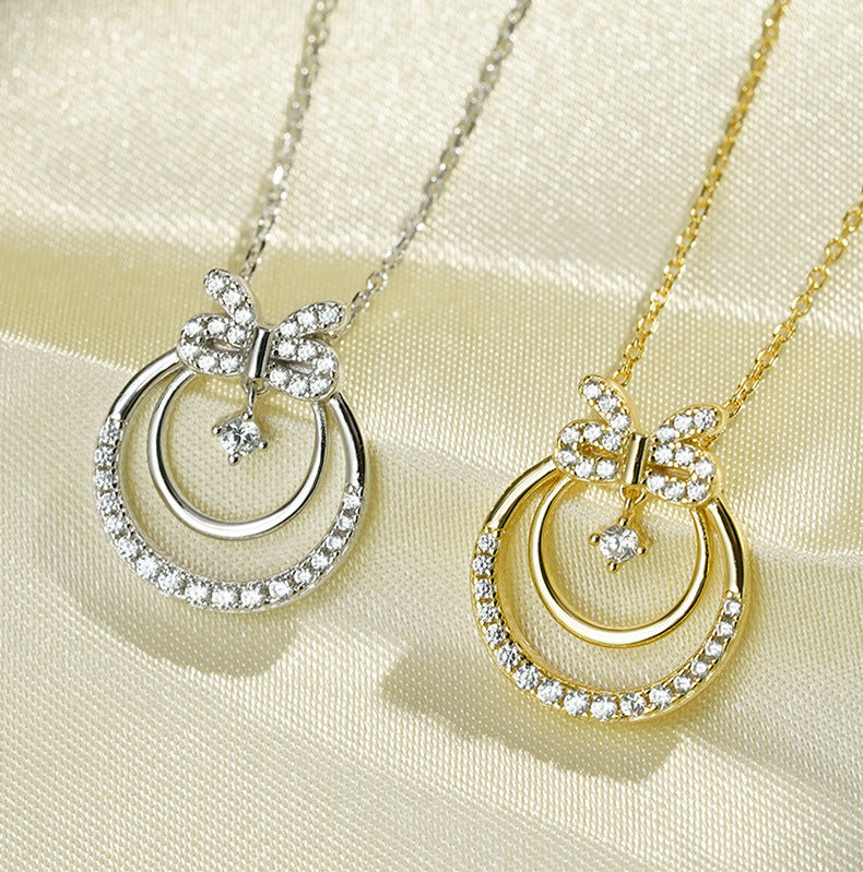 Korean Girly S925 Sterling Silver Geometric Bow Pendant Necklace