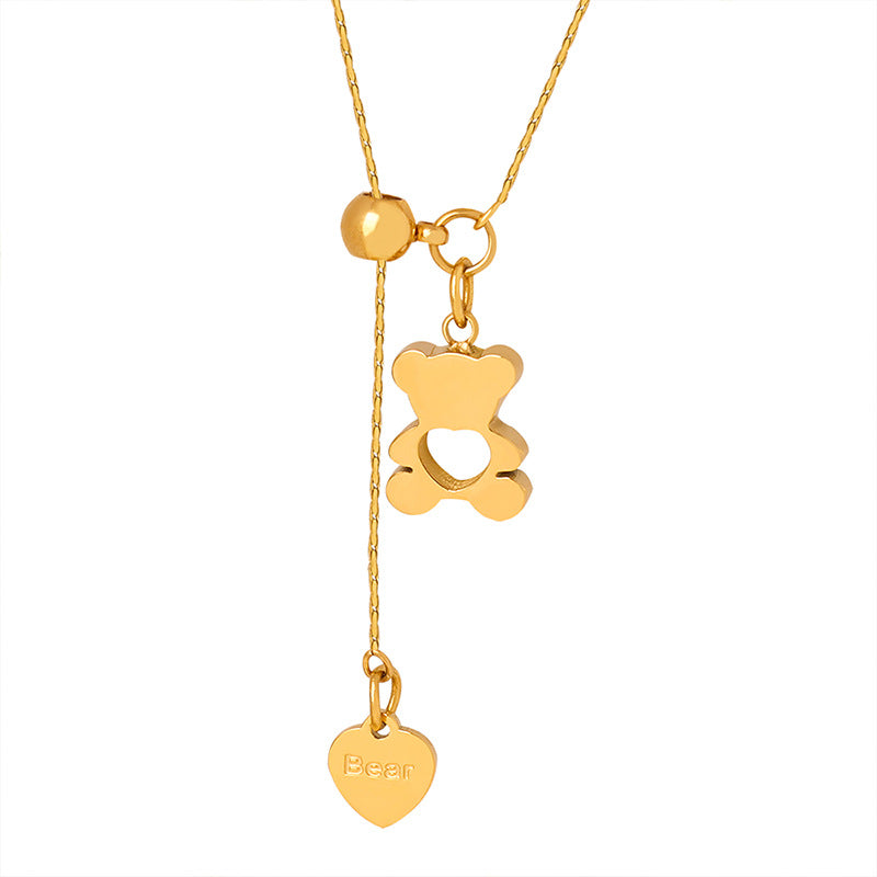 Hollow Love Teddy Bear Titanium Necklace with Adjustable Collarbone Clasp