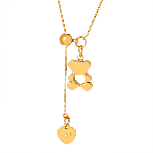 Hollow Love Teddy Bear Titanium Necklace with Adjustable Collarbone Clasp