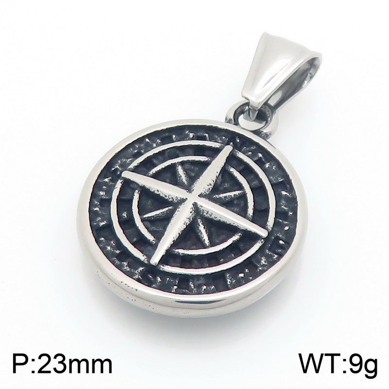 Compass Round, Punk Style Retro Coin Compass Stainless Steel Men's Pendant Necklace