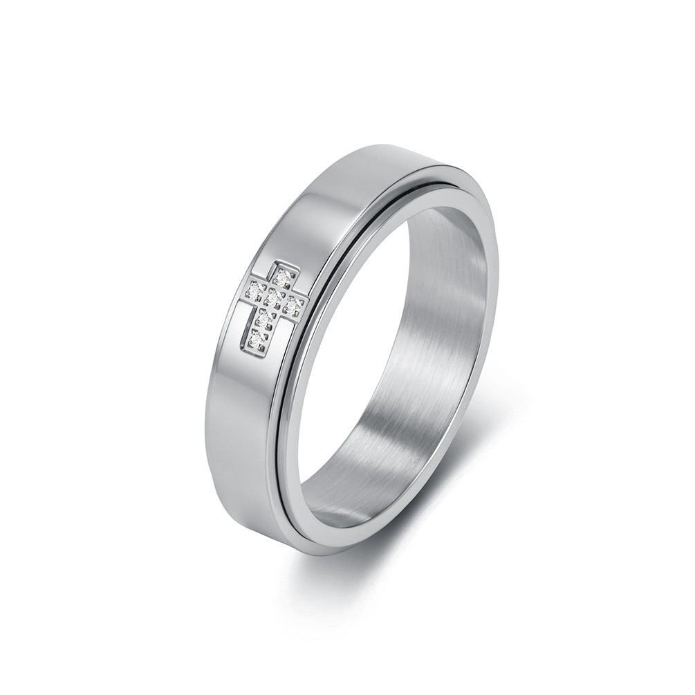 Stainless Steel Zircon Rotating Cross Ring – Unisex Wedding Proposal Couple