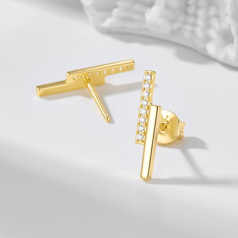 S925 Sterling Silver Zircon One-Word Design Stud Earrings Double Row Geometric Lines Small