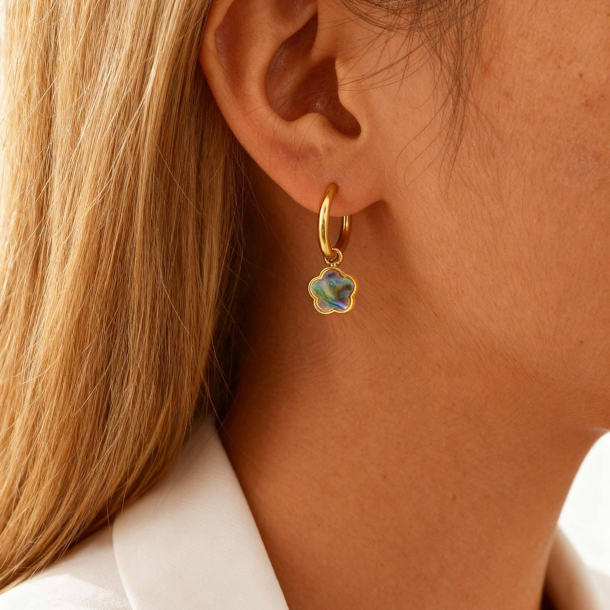 Iridescent Flower Charm Hoop Earrings — Gold Pair
