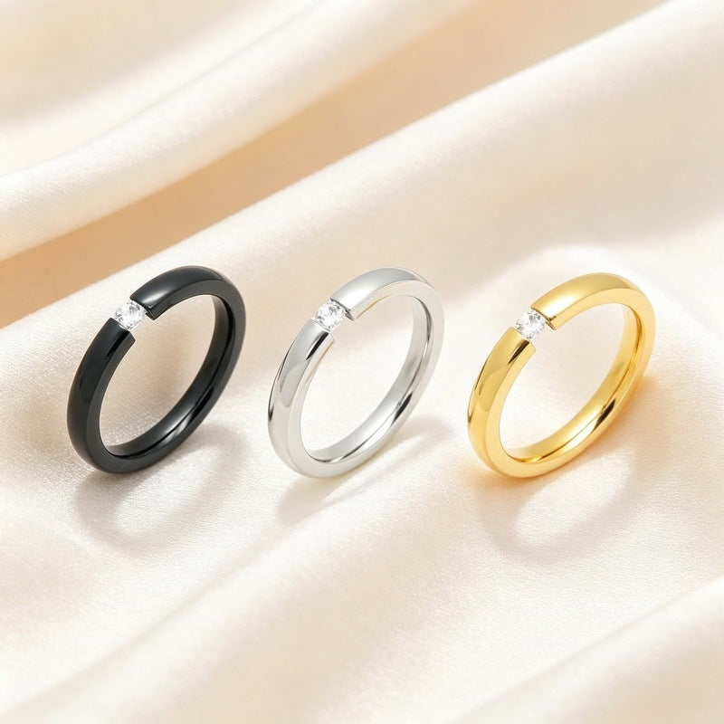 Zircon Ring Korean Vacuum Plating 3mm Round Stainless Steel Ladies Zircon Ring
