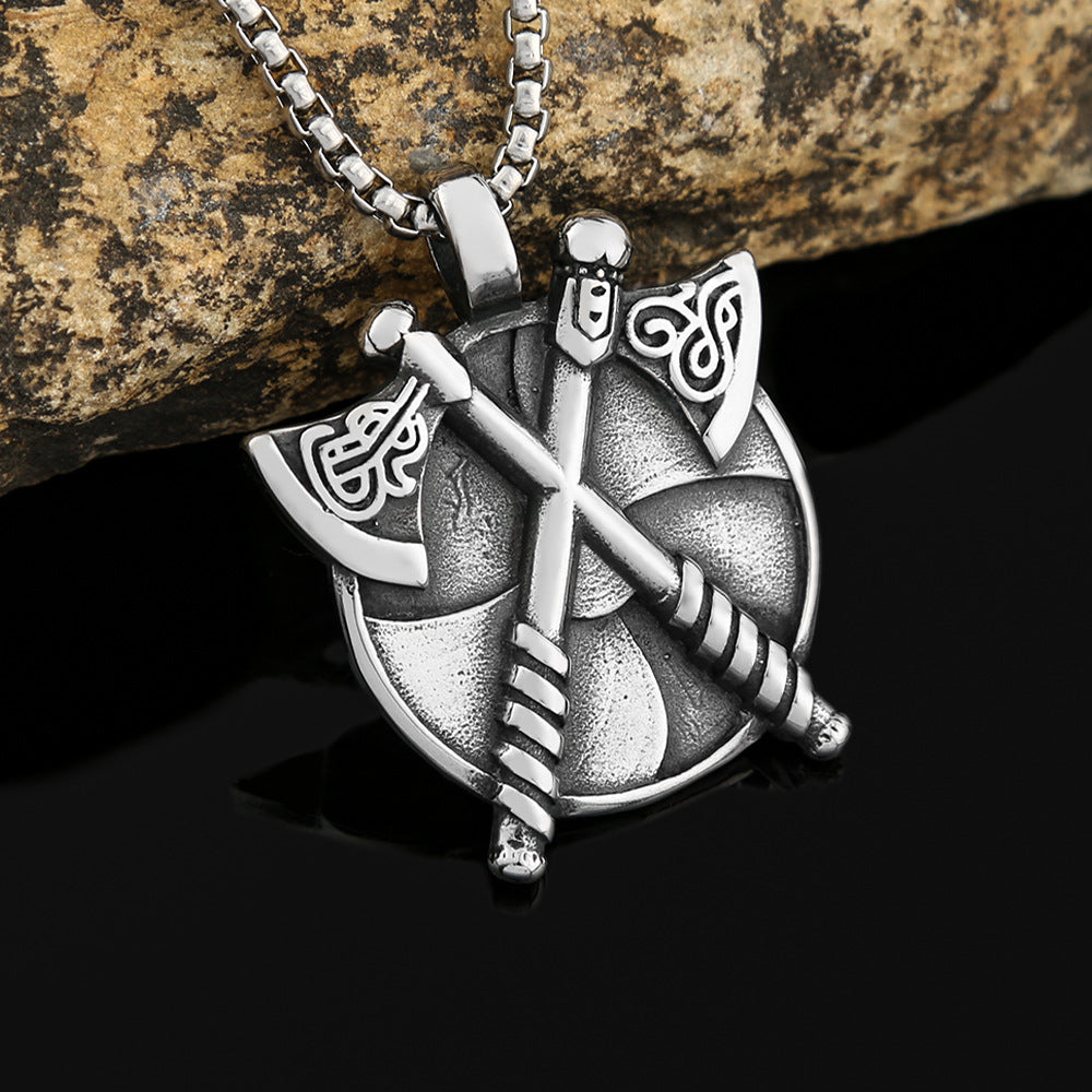 Retro Double Axe Titanium Steel Pendant Necklace for Men