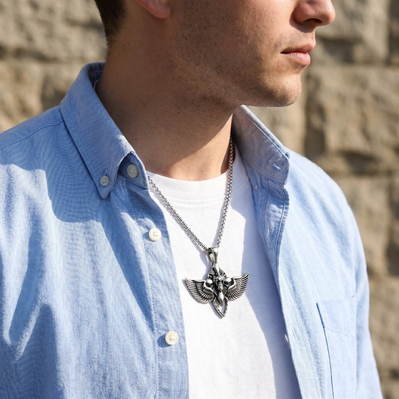 Fallen Angel Pendant Punk Goth Skull Wings Cross Sword Wings Stainless Steel Men's Necklace