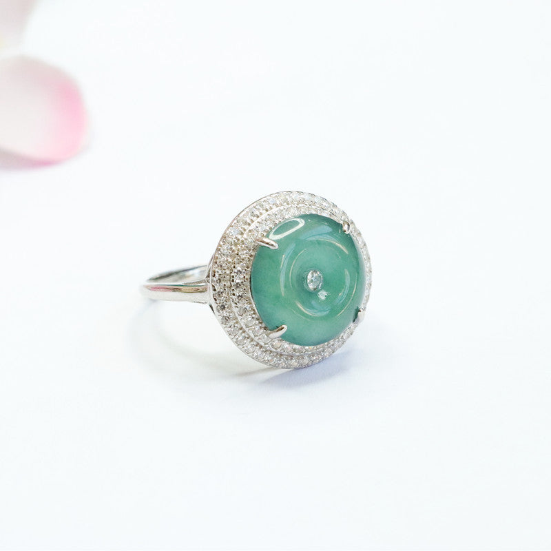 Sterling Silver Adjustable Jade Ring with Double Zircon Halo