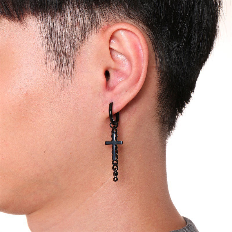 Cross & Chain Hoop Earring — Silver or Black
