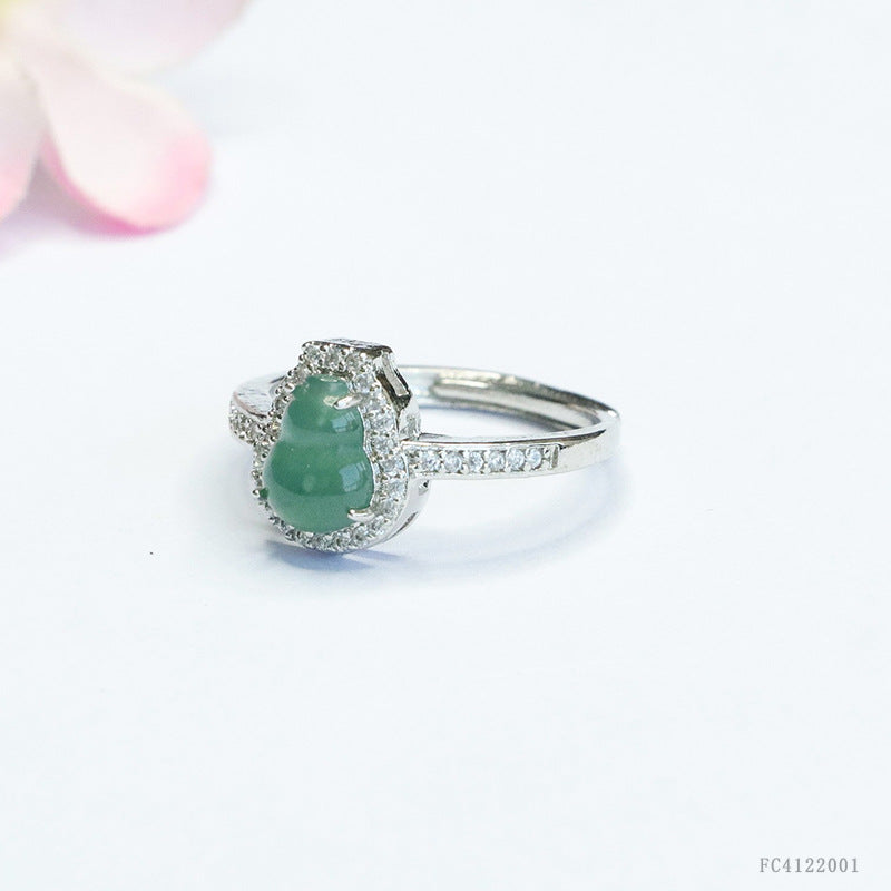 Blue Water Jadeite Gourd Pavé-Style Ring