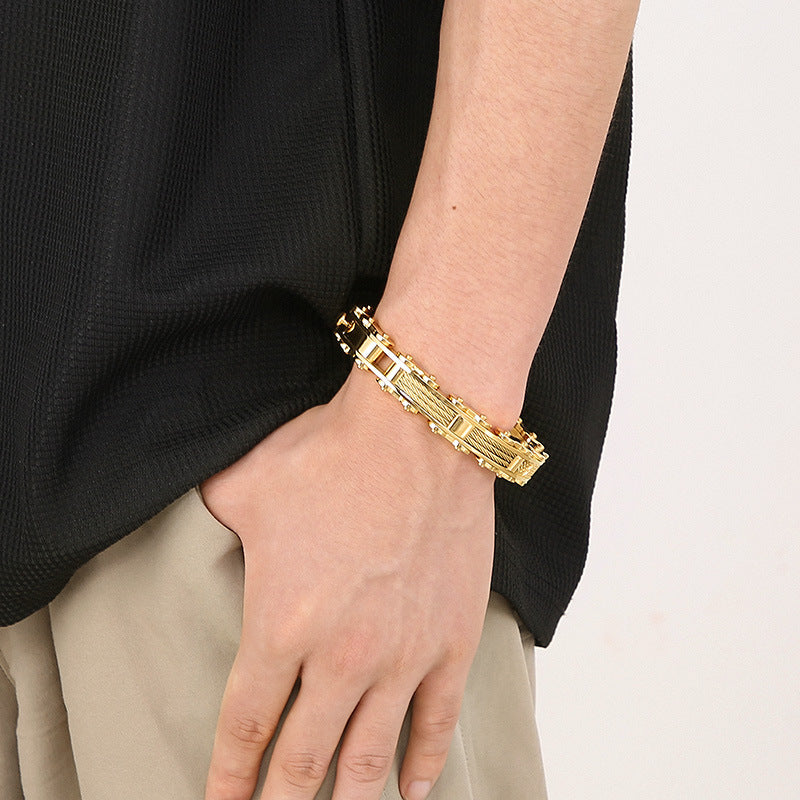 Trendy Steel Wire Bracelet for Men - Rock Fashion Vacuum Electroplated Bicycle Chain Design