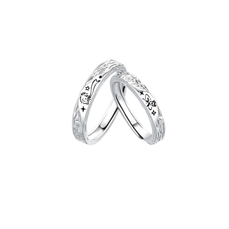 Planderful Sterling Silver Little Prince And Rose Couple Ring Adjustable Opening Gift For Girlfriend Christmas