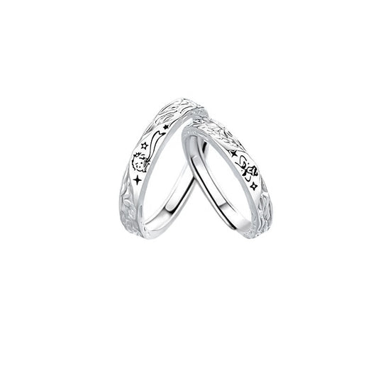 Planderful Sterling Silver Little Prince And Rose Couple Ring Adjustable Opening Gift For Girlfriend Christmas