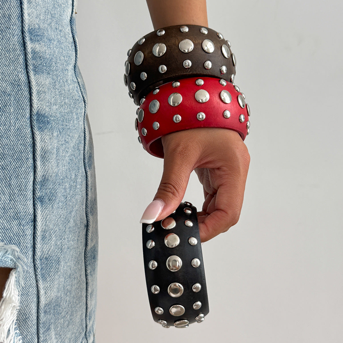 Cold And Exaggerated National Style Wooden Wide Bracelet Star Geometric Rivet Bracelet