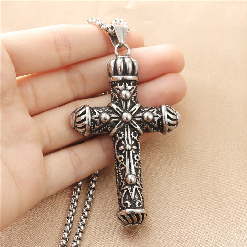Men's Retro Punk Titanium Steel Flower Cross Pendant Necklace