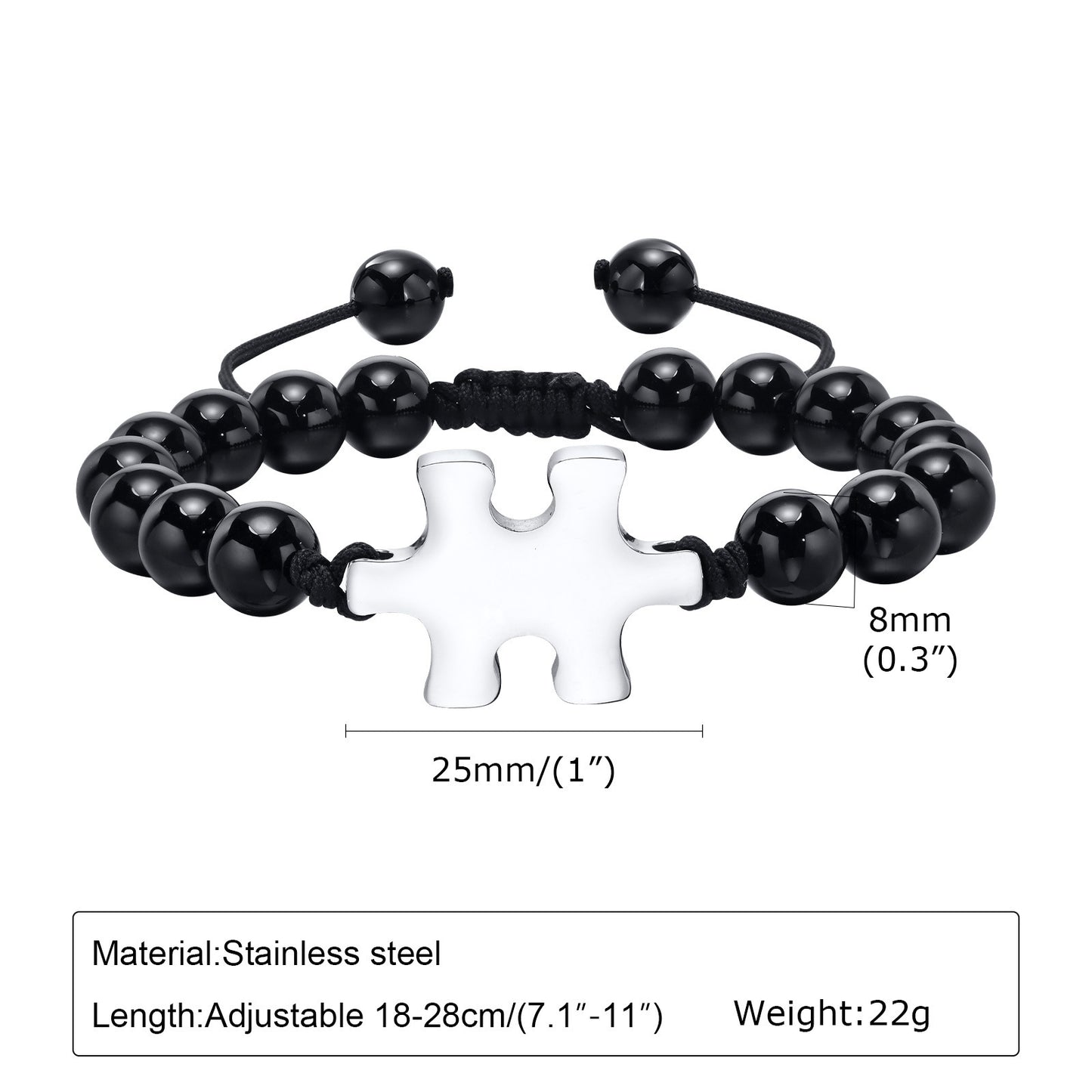 Adjustable Stainless Steel Puzzle Glossy Agate Beaded Bracelet Men's Black for Men