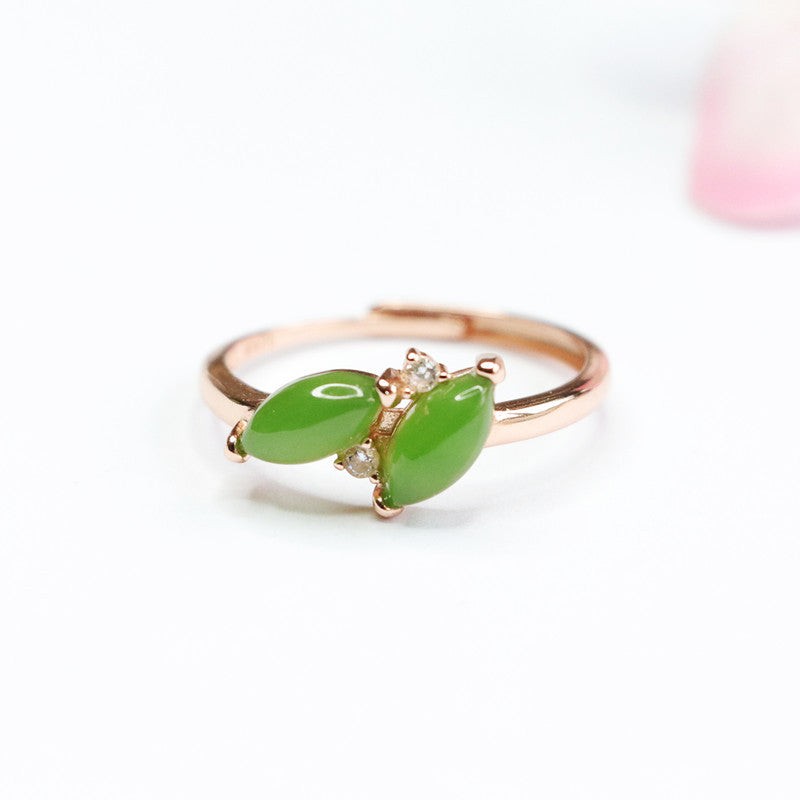 Leaf Jasper Ring with Natural Hotan Jade Twin Marquise Design