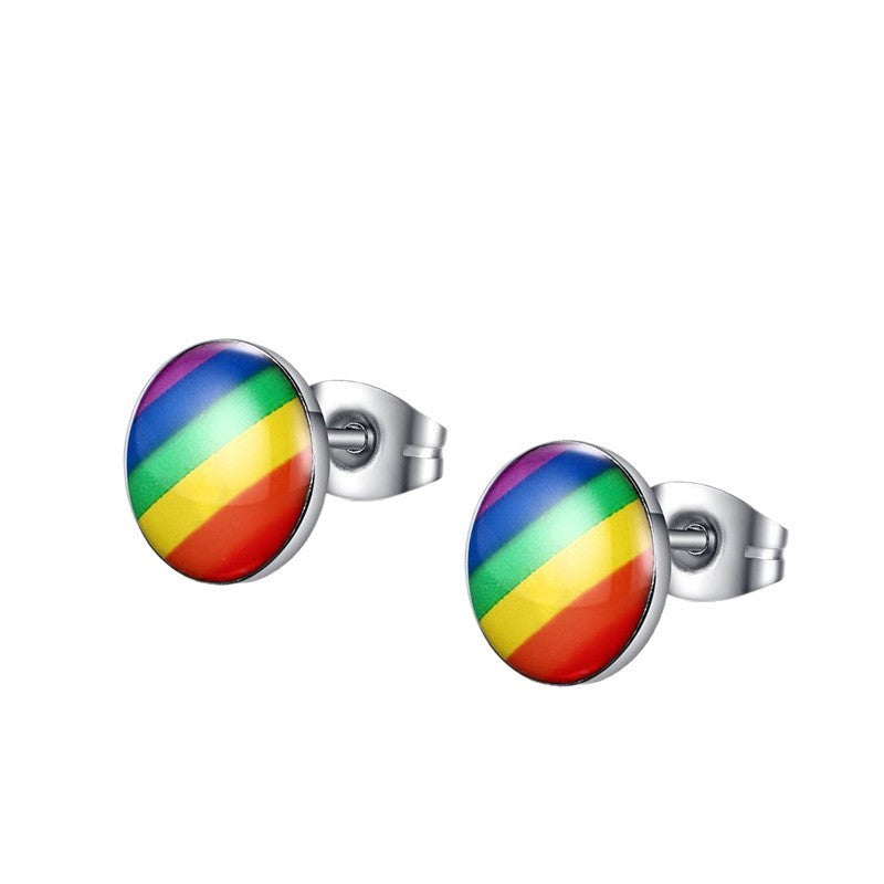 Rainbow Stripe Stainless Steel Stud Earrings — Pair