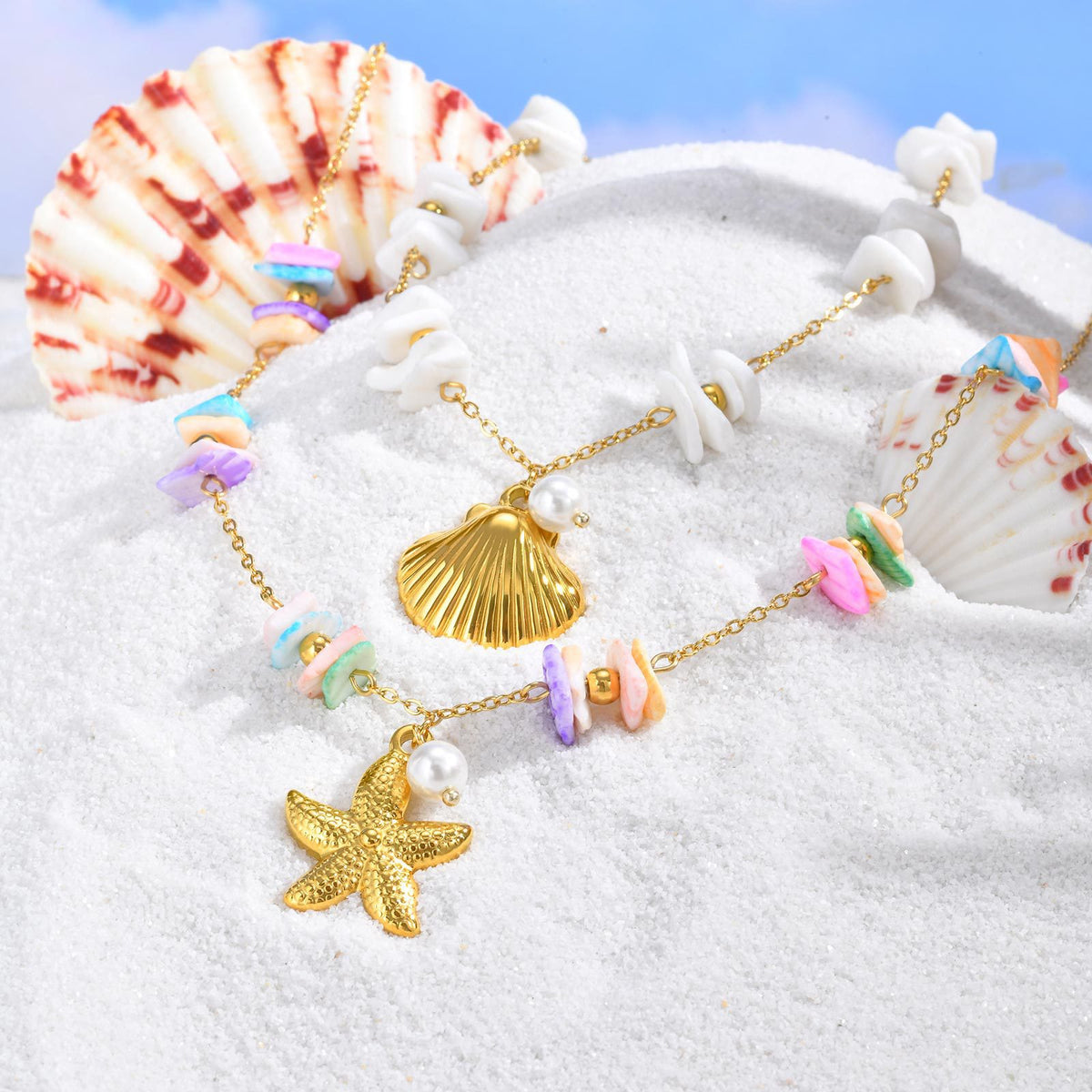 Seaside Summer Small Fresh Ocean Wind Stainless Steel White Shell Square Piece Metal Necklace