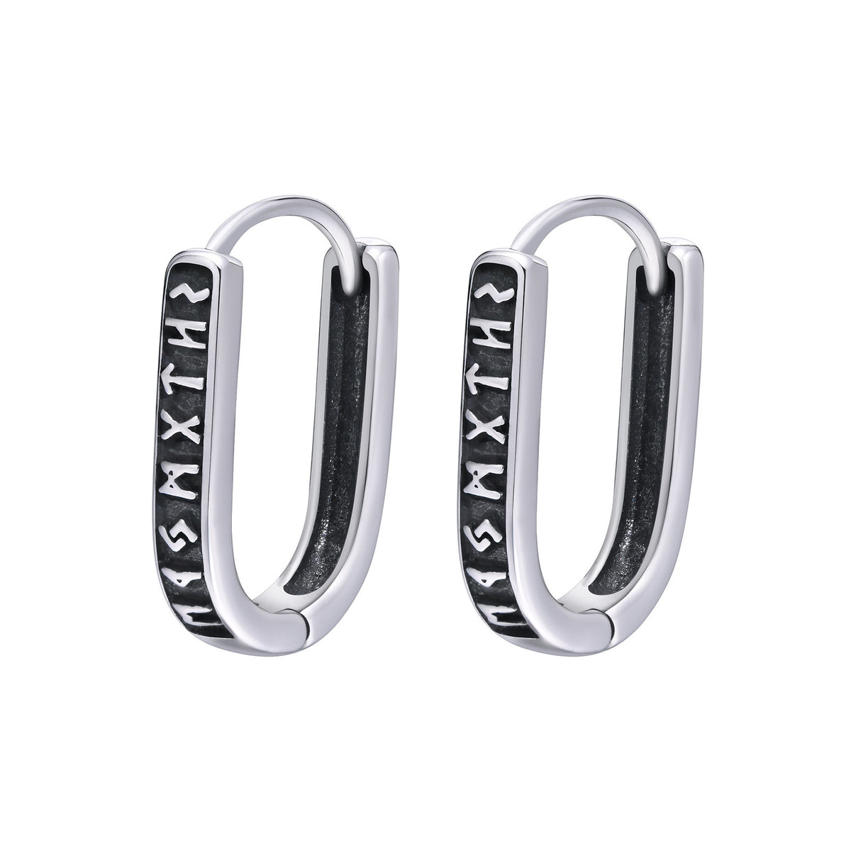 Norse Rune Rectangular Hoop Earrings — Silver Pair