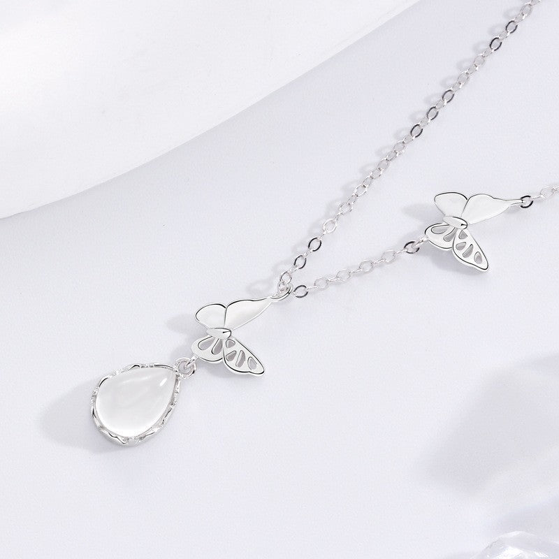 S925 Sterling Silver Natural Chalcedony Butterfly Necklace