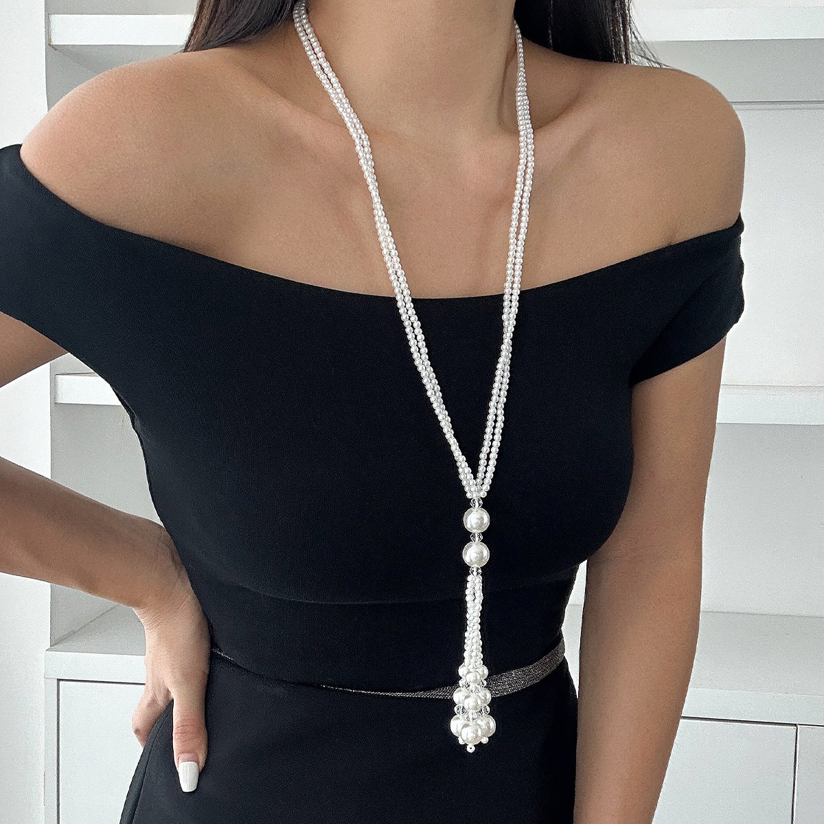 Knotted Pearl & Crystal-Style Tassel Necklace