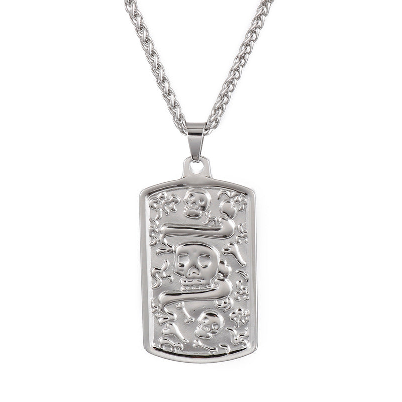 Customizable Square Pendant Necklace with Korean-Inspired Simple Bone Skull Flower Basket Chain in Titanium Steel for Men
