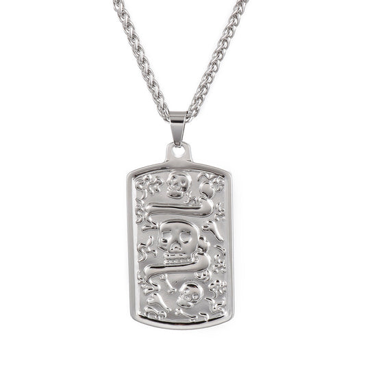 Customizable Square Pendant Necklace with Korean-Inspired Simple Bone Skull Flower Basket Chain in Titanium Steel for Men