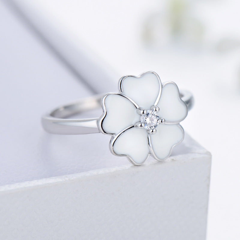 Elegant Sterling Silver Four-leaf Clover Enamel Ring with Zircon Gems