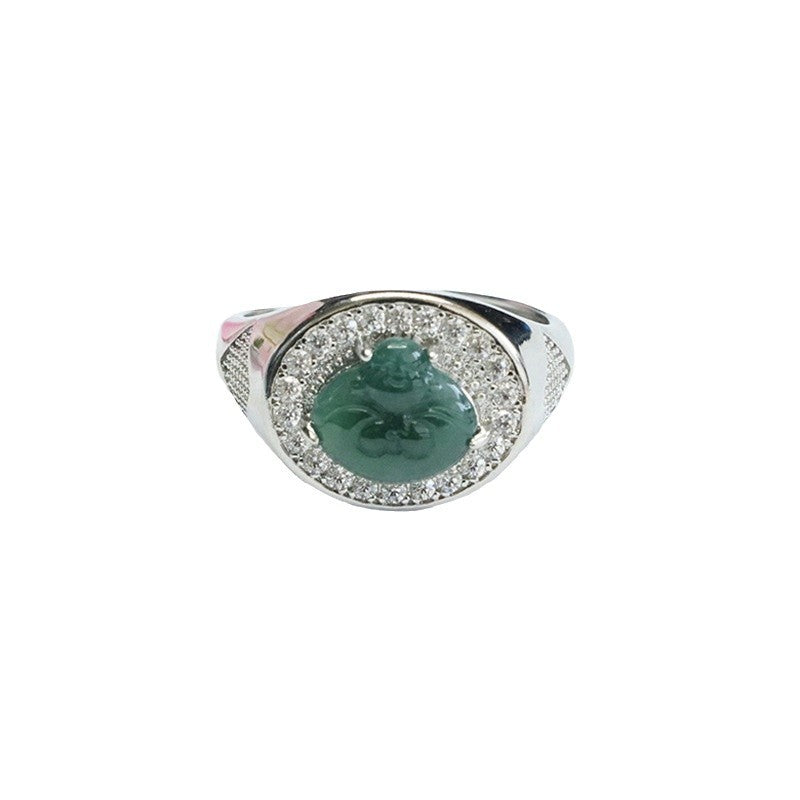 Blue Water Jadeite Buddha Pavé-Style Ring