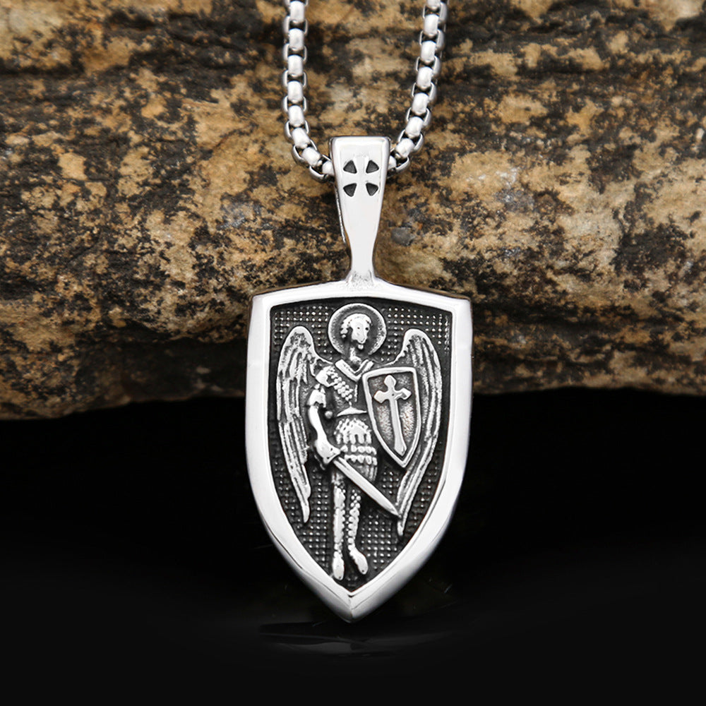 Retro Angel Cross Shield Pendant Necklace for Men