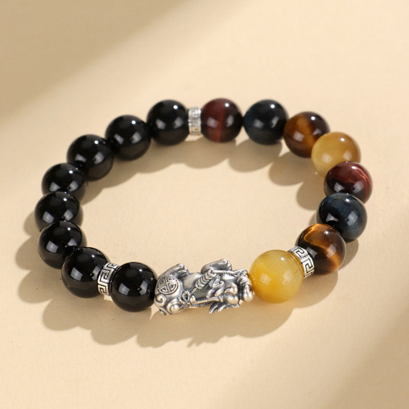 999 Silver Black Agate Pixiu & Tiger Eye Bracelet