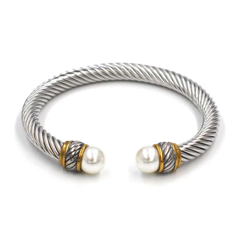 Planderful Everyday Genie Titanium Steel Cable Bracelet With Pearl Accent For Women