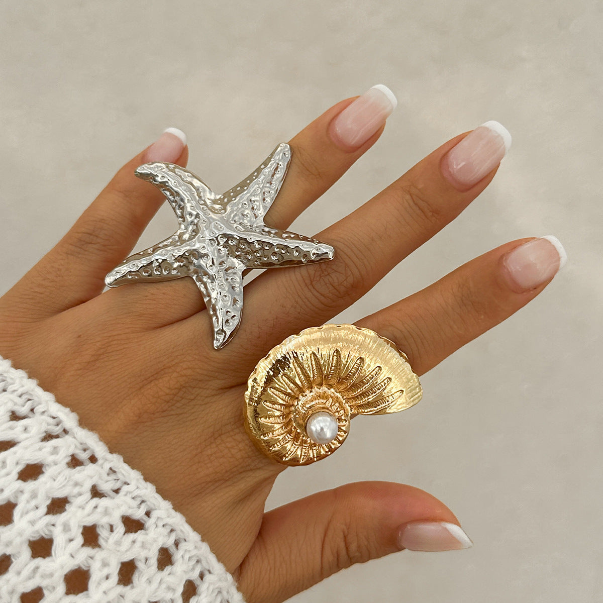 Planderful Vienna Verve Ring – Adjustable Beach-Inspired Design with Starfish and Pearl Accents
