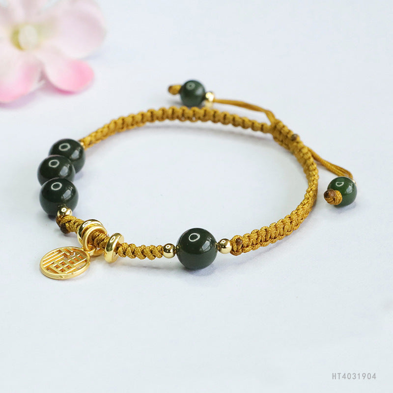 Hetian Jasper Fortune Charm Cord Bracelet