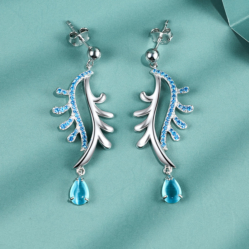 925 Sterling Silver New Chinese Temperament Earrings Blue Cat Eye