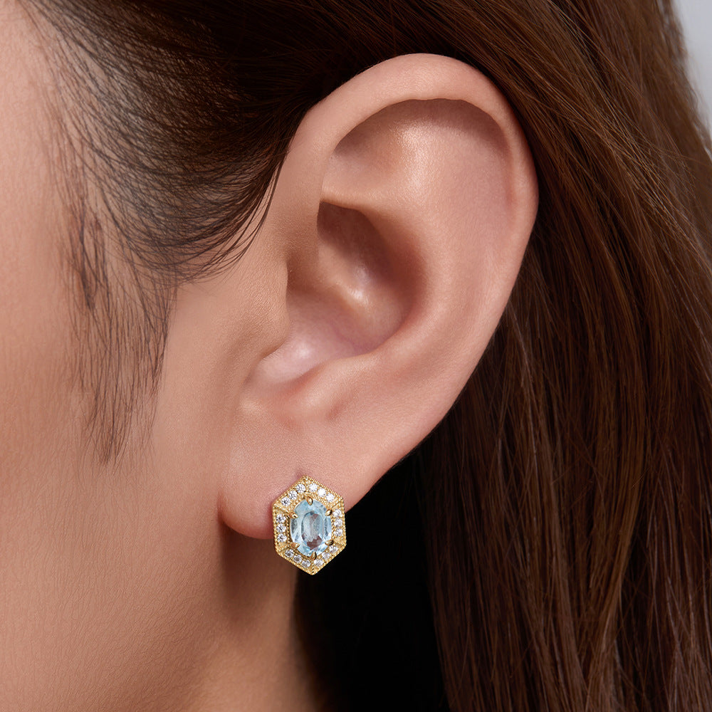 Geometric Blue Natural Topaz Earrings Sterling Silver Stud Earrings, Earrings