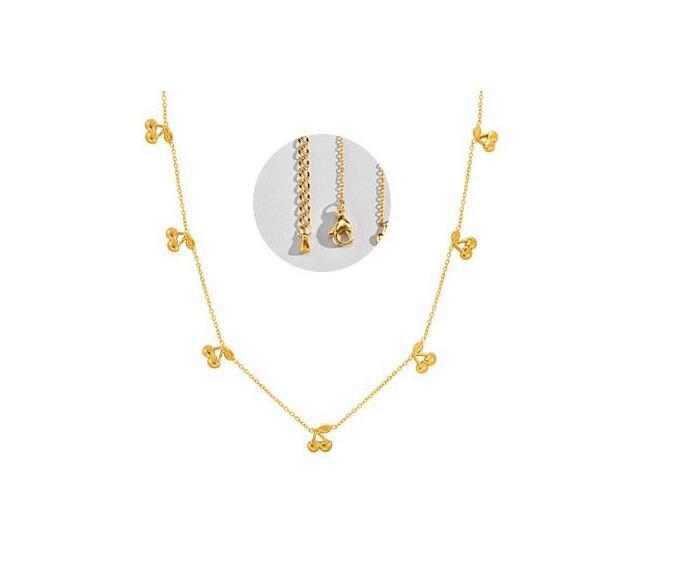 Girls Sweet & Delicate Clavicle Chain Stainless Steel Flat Cross Chain 3 Cherry Necklace