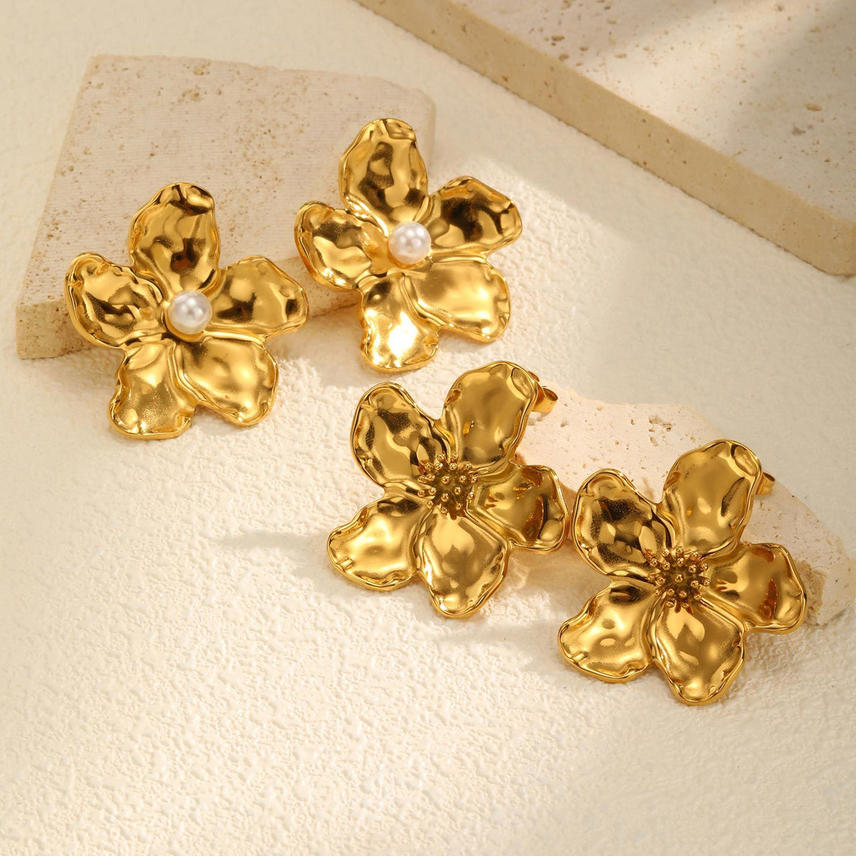 Gold Pearl Flower Statement Stud Earrings